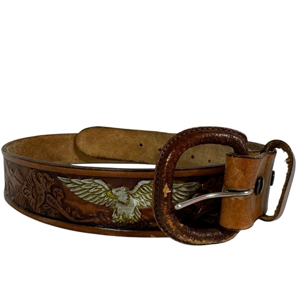 Cintos Imperial Tooled Leather Eagle Belt Mens 34 Tan Brown Southwestern VGUC